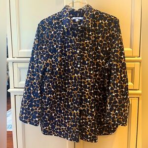 Chico's Navy and Tan Button-Down Blouse with Sleeve/Cuff Detail, Size 2.5